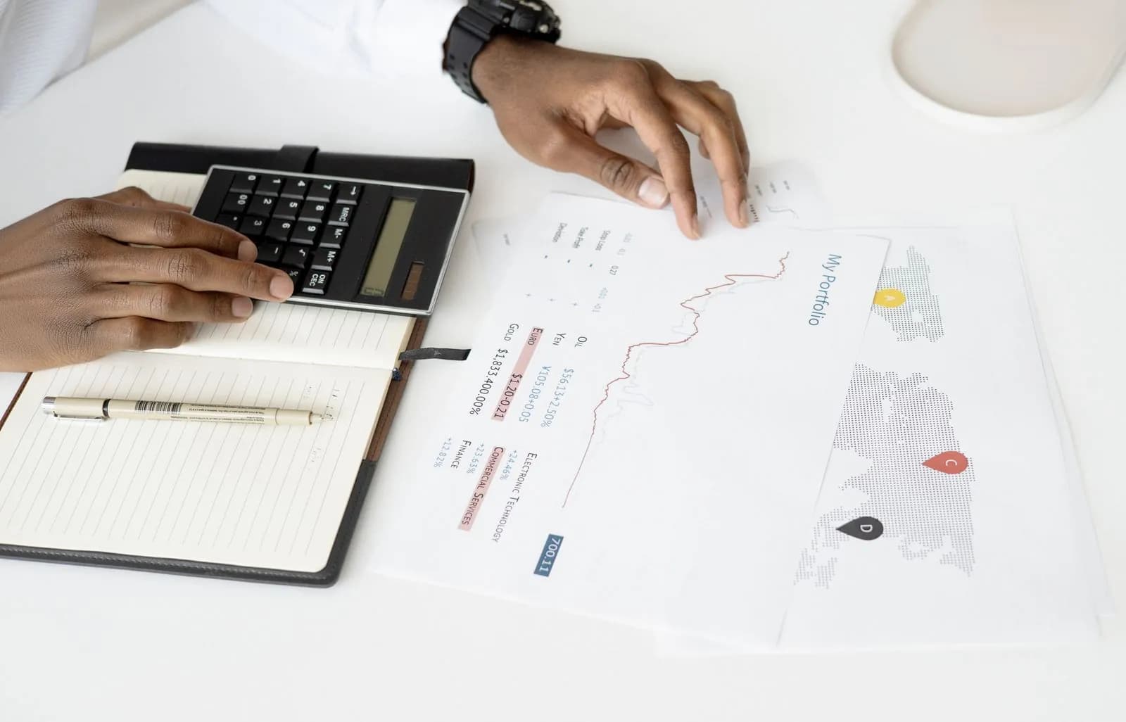 Analyse de documents financiers avec une calculatrice et un graphique sur un bureau.